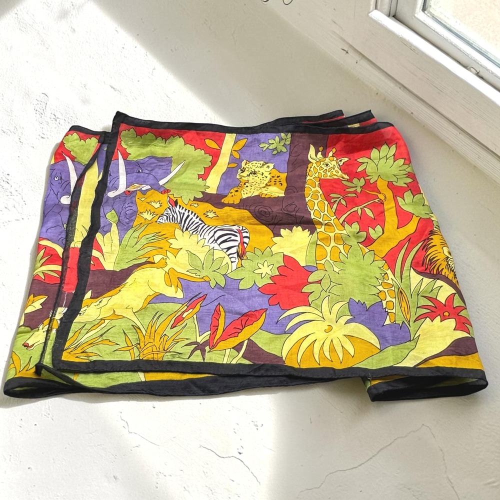Vintage Scarf Jungle Animal Weavers Welfare 100% Silk Hand-Rolled Hem 11.5x68"